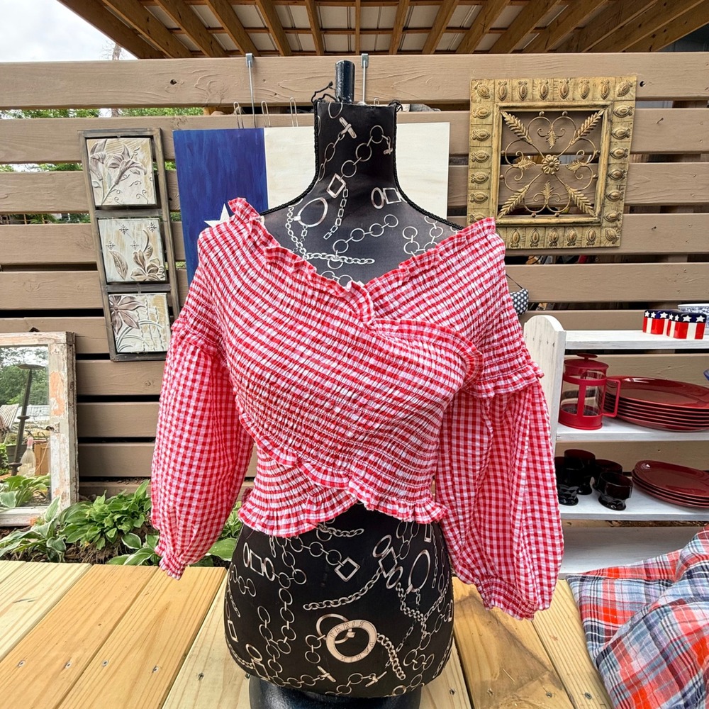 Zara Gingham Smocked Top Womens L Red‎ White Excellent Puff Sleeve Crop Blouse